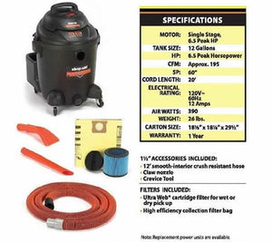 12 Gallon Wet/Dry Vacuum w/ Nozzle Vac Kit